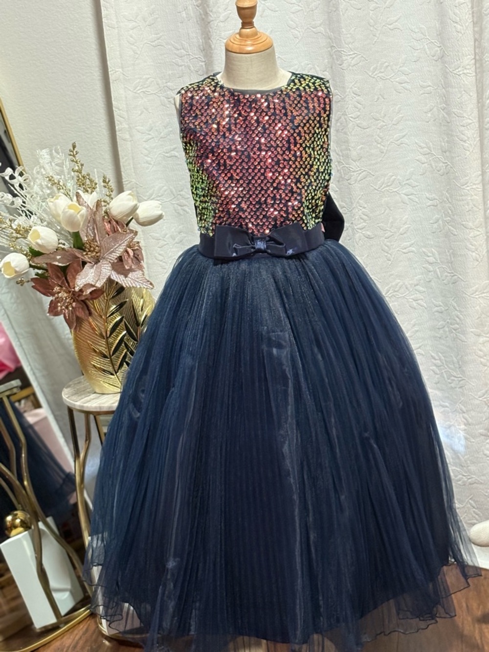 Girls Navy Tulle Sequin Party Dress with Bow